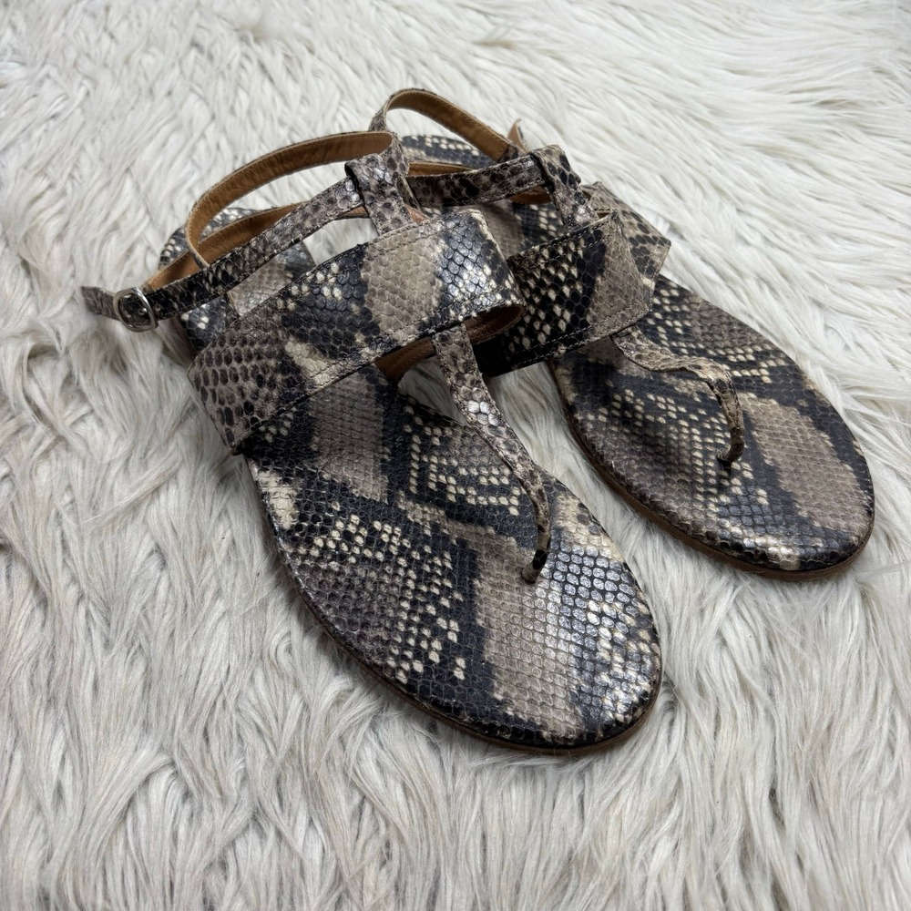 Barney's New York Women's 41 US 10 10.5 Leather Snake Print T-Strap Sandals Boho